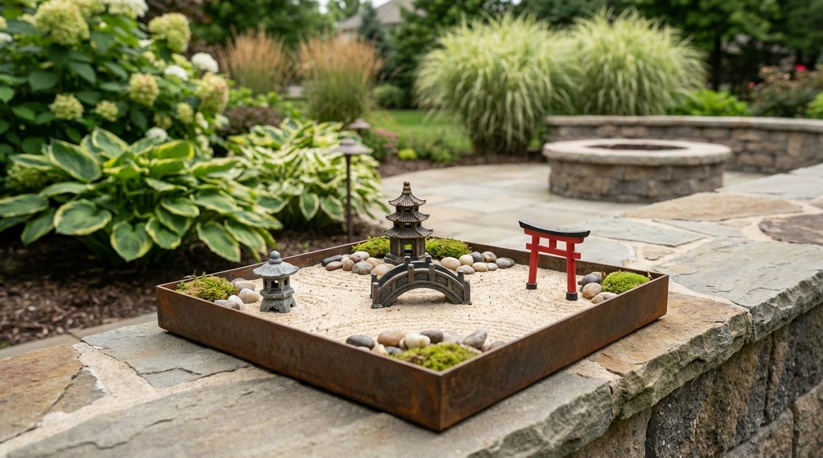 A steel base tray with a 10x10-inch surface for a mini zen garden, featuring magnetic decorative elements such as a pagoda, bridge, lantern, and torii gate, allowing easy swapping of seasonal themes or architectural structures to maintain engagement.