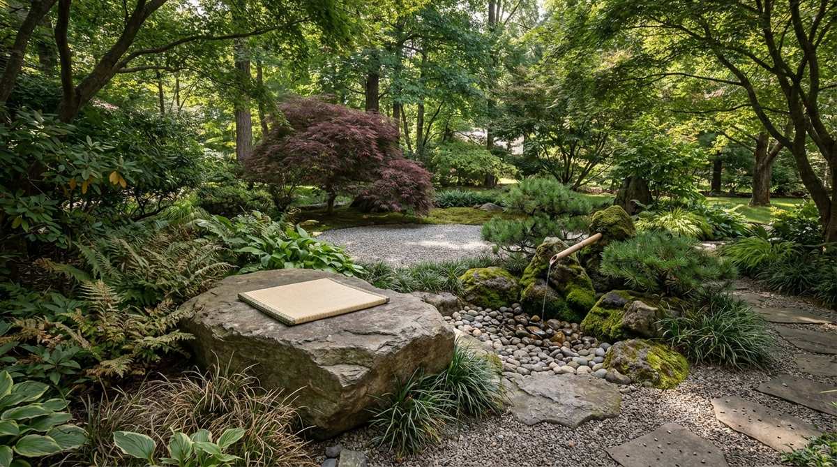 A flat-topped boulder serving as a meditation seat in a quiet corner of a Japanese garden, positioned at comfortable sitting height with a naturally level surface. The stone faces a contemplative view of a rock arrangement, water feature, or framed plant composition, surrounded by low plantings that create enclosure without obstructing sightlines.