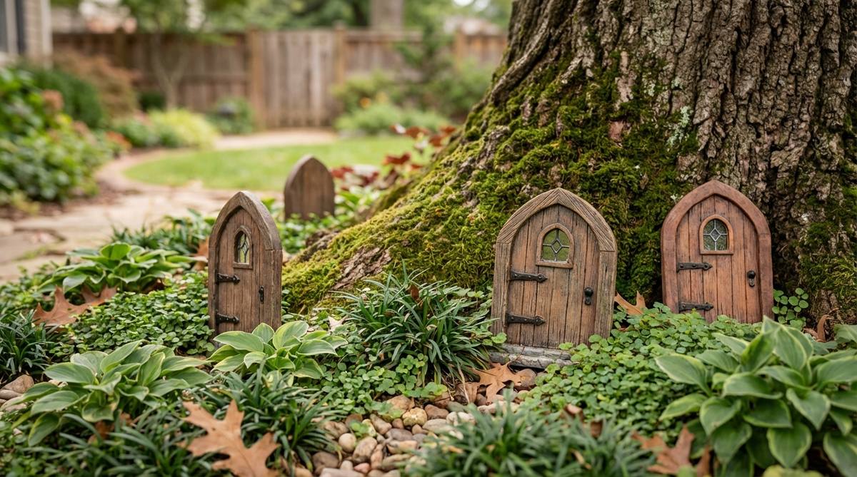A close-up photo of miniature fairy doors installed at the base of a garden tree. The 6-inch resin or wood doors feature detailed hardware, windows, and textured surfaces, creating the illusion of hidden fairy realms. Surrounded by tiny plantings like baby tears or miniature hostas to enhance the magical scale. Perfect for family gardens to inspire imaginative play and create charming photo opportunities.