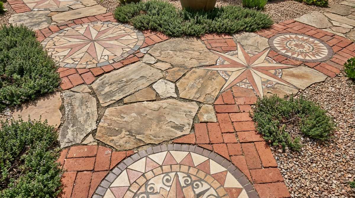A close-up view of a garden paving mosaic combining stone, brick, and tile materials, showcasing color and texture contrasts with geometric patterns to delineate zones and enhance visual interest.