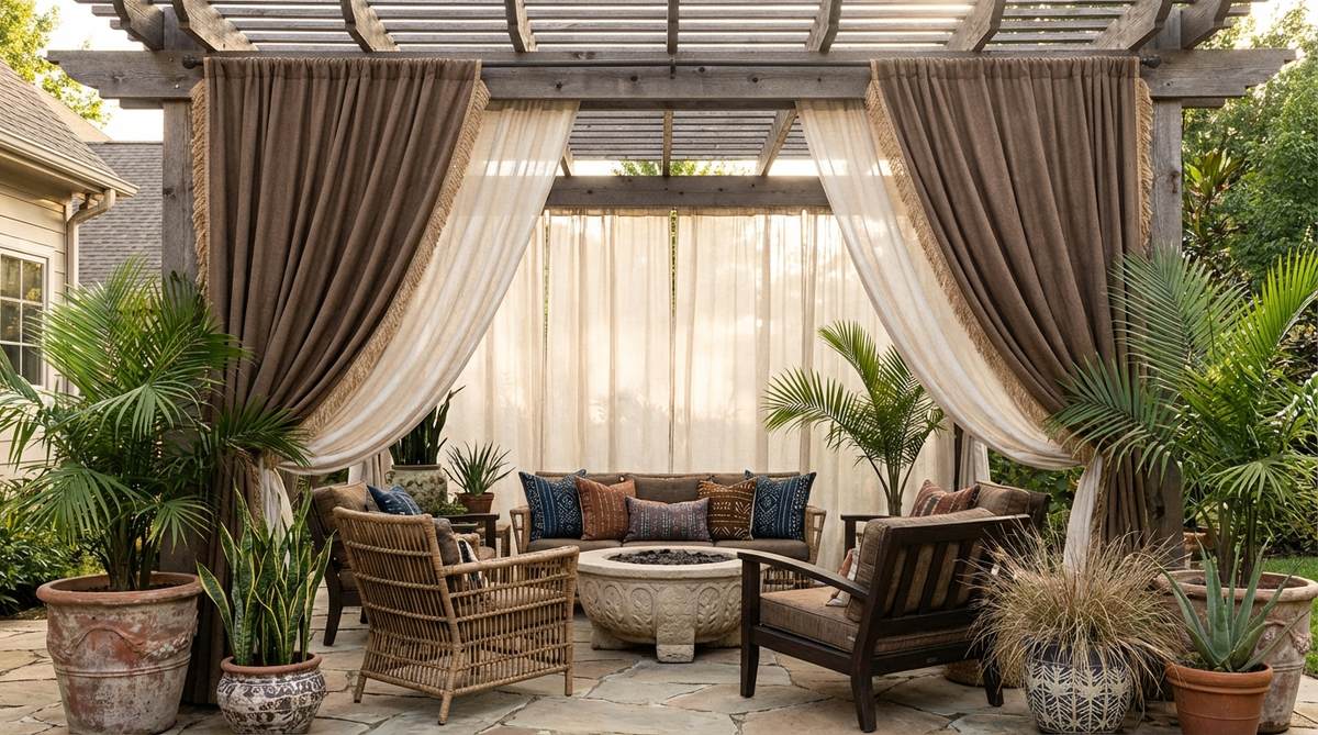A sophisticated mocha brown outdoor drapery panel hanging from a pergola, creating an intimate and cozy atmosphere in a bohemian-inspired outdoor space. The rich chocolate tone contrasts beautifully with natural elements and sheer linen layers, showcasing the textile-forward approach of afro boho decor.