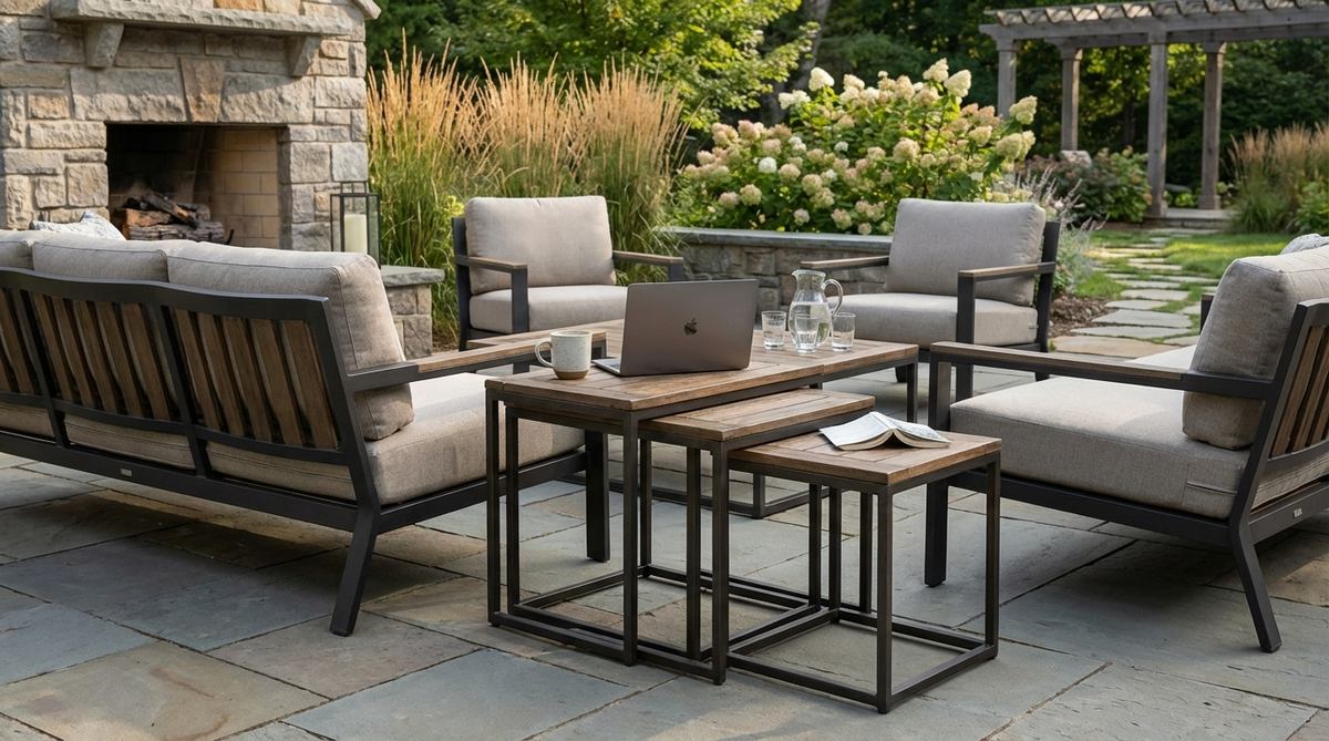 A set of three nested side tables with multi-height options, featuring metal frames and wood tops. Perfect for modern garden furniture, these tables can be separated for flexible placement around seating, serving drinks, dining, or laptop work. Compact storage and weatherproof construction allow for year-round outdoor use.