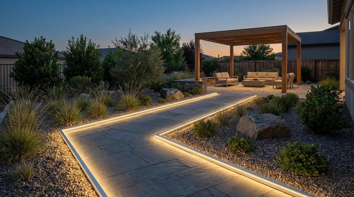 Continuous LED ribbons mounted in aluminum channels defining pathway boundaries with precise light lines. Contemporary detailing suits minimalist landscape designs, with IP67-rated strips that withstand pressure washing and freeze-thaw exposure.
