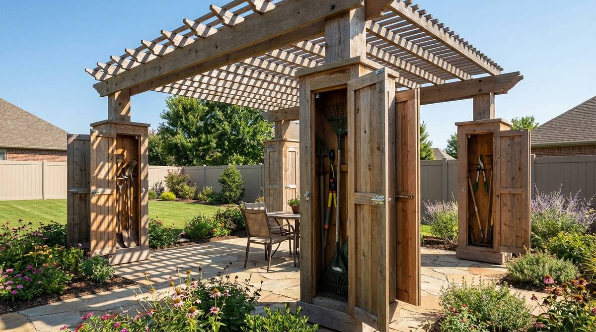 A pergola with hollow support posts that function as vertical storage for garden tools, featuring hinged doors and an overhead structure providing light shade, designed to reduce clutter in a small backyard.