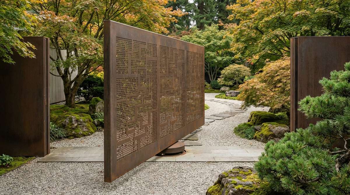 A large-format pivoting steel screen gate rotating on central pivots, creating a dramatic kinetic element in a Japanese garden setting. The pivot mechanism allows for substantial gate sizes with minimal swing clearance, engineered for weight and wind loading, and concealed below grade for a clean aesthetic. This contemporary gate establishes character through unexpected movement patterns, with rotation creating shifting view frames that amplify the spatial transition experience.