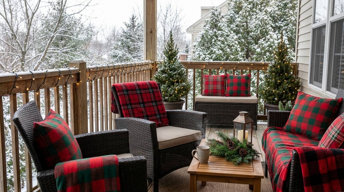 A festive balcony scene featuring weather-resistant plaid throws and outdoor pillows in coordinating red, green, or buffalo check patterns for Christmas decor. The arrangement includes layered pillows in complementary sizes and patterns, with throws folded across chair backs for both decorative and functional use in cold weather.