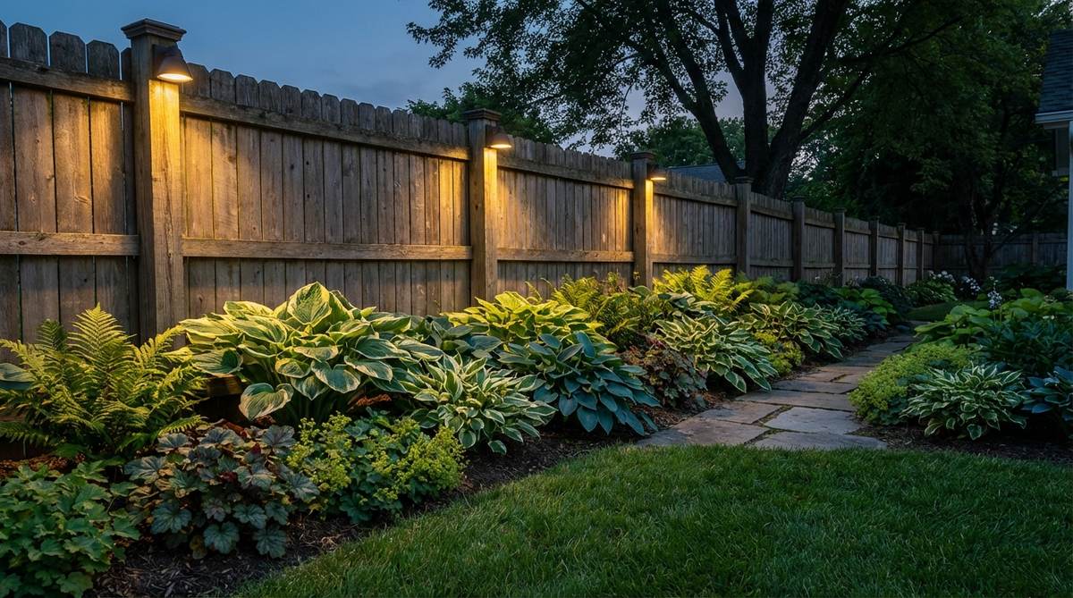 An image showing downlights mounted on a fence or post, illuminating a hosta bed or low perennials from above to highlight foliage texture and variegation in garden decor lighting.