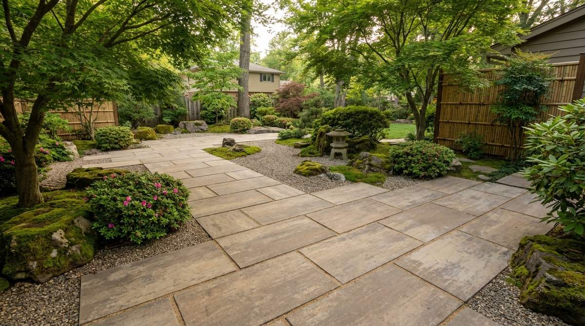 Large-format porcelain pavers with a stone-look finish, installed over a concrete or gravel base with tight joints, showcasing natural aesthetics, stain resistance, and durability in a modern Japanese garden setting.