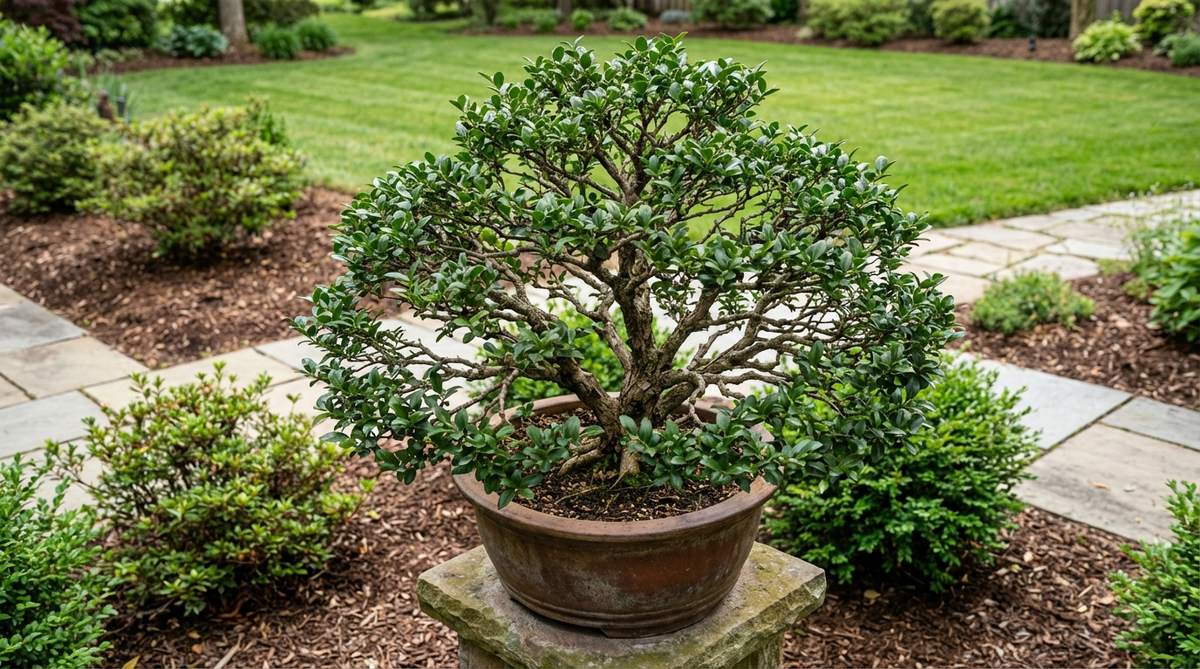 A refined Privet bonsai (Ligustrum species) showcasing dense branching and small leaves, demonstrating vigorous growth ideal for trunk development in Japanese garden settings.