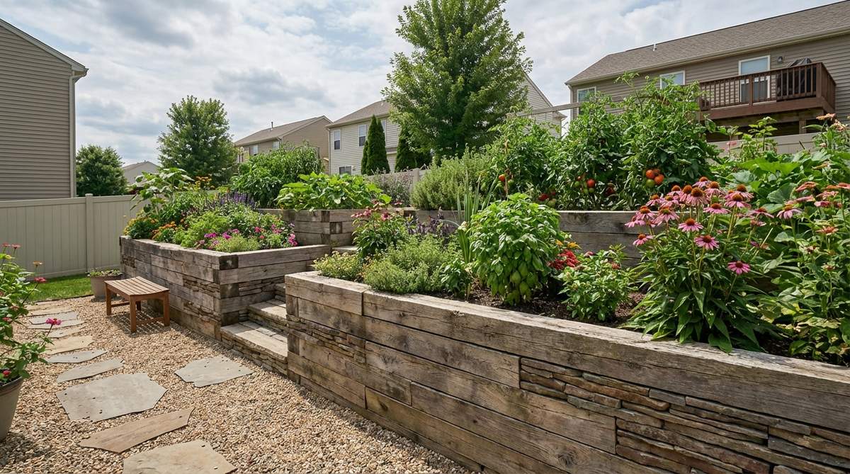 A functional garden wall that serves as a raised bed retainer, maximizing space efficiency in small gardens. The dual-purpose construction improves soil drainage and accessibility for planting and maintenance.