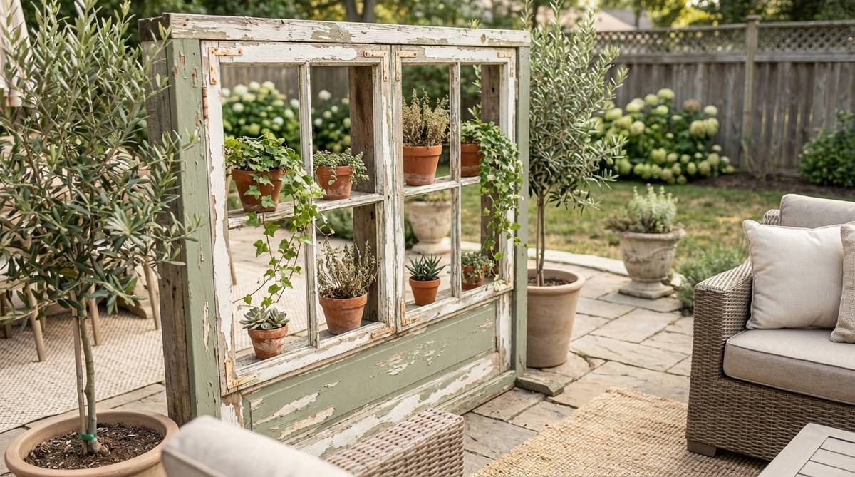 A vintage wooden window frame with peeling paint, repurposed as rustic wall art in a boho-inspired room, creating a focal point with aged charm and natural textures.