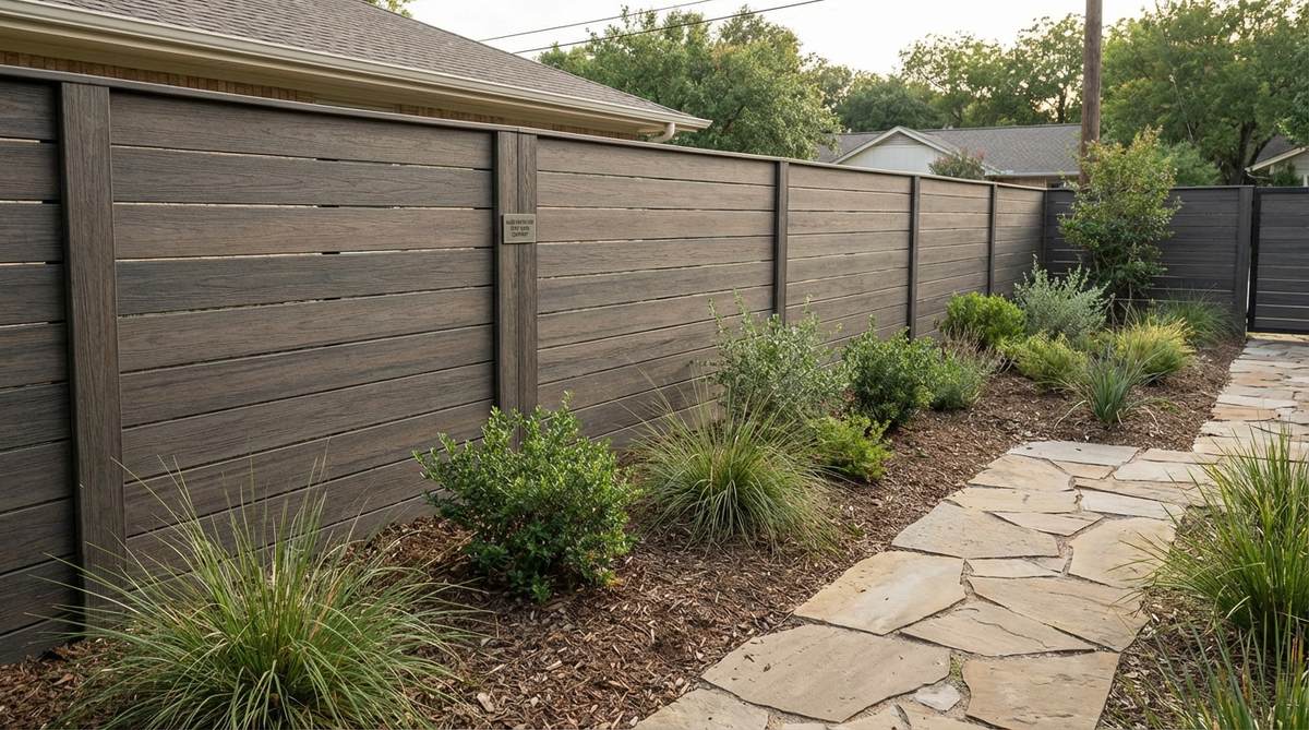 A modern garden fence made from recycled composite materials, featuring 90% recycled content including reclaimed wood fiber and recycled plastics. This eco-friendly fencing option provides durability and sustainability while qualifying for LEED credits, making it ideal for environmentally conscious homeowners and eco-focused communities.