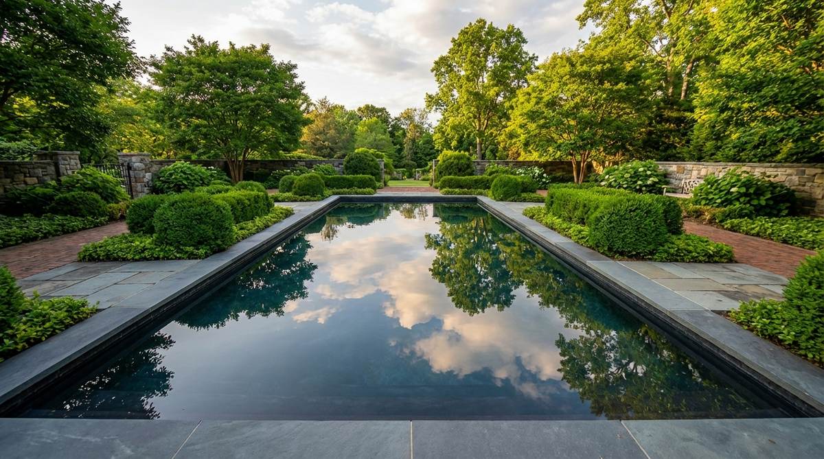 A shallow reflecting pool with dark liner material creating perfect mirror-like reflections of the sky and surrounding plantings. The pool features an overflow edge design for a zero-edge effect, with water maintained at optimal 4-6 inch depth for maximum reflection quality. This meditative water feature enhances formal garden designs with its serene, reflective surface.