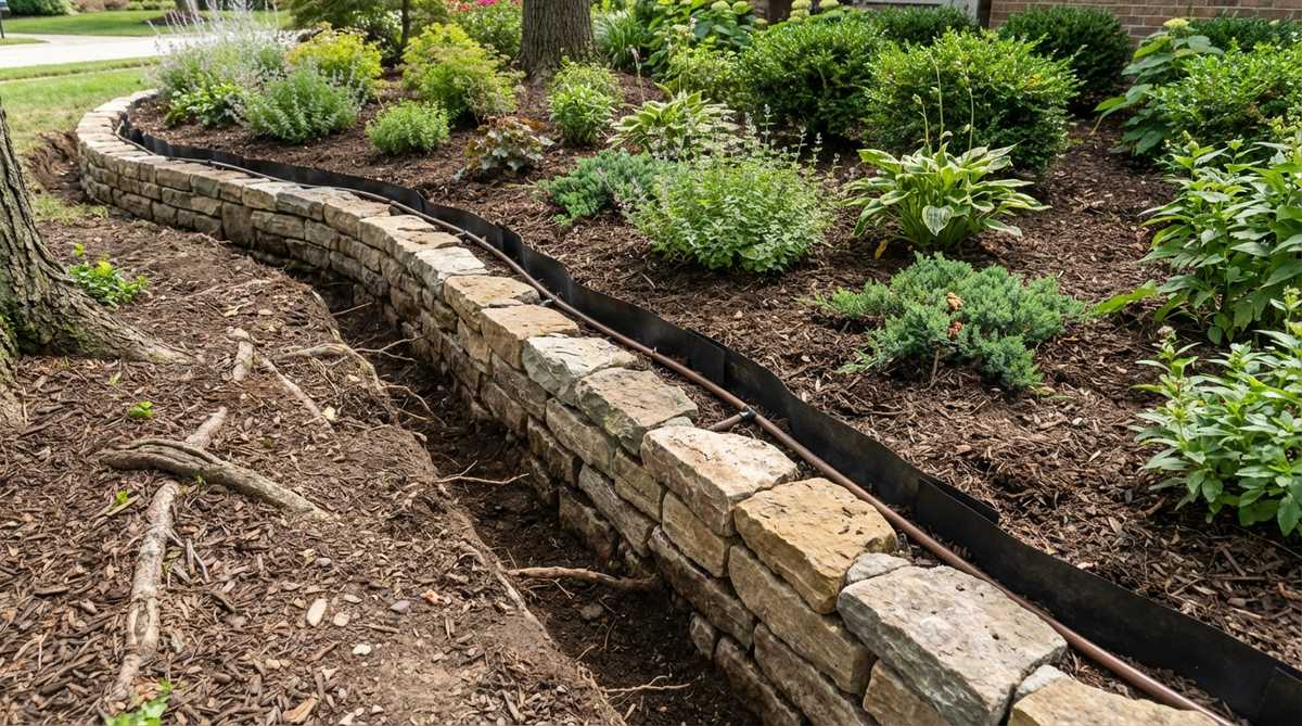 A detailed view of deep-set stone garden edging with root barrier fabric installed vertically to prevent tree roots from invading planting beds. Shows proper trench depth of 18-24 inches and demonstrates how the stone edge marks barrier location for future landscaping projects while protecting irrigation lines and perennial roots from tree competition.