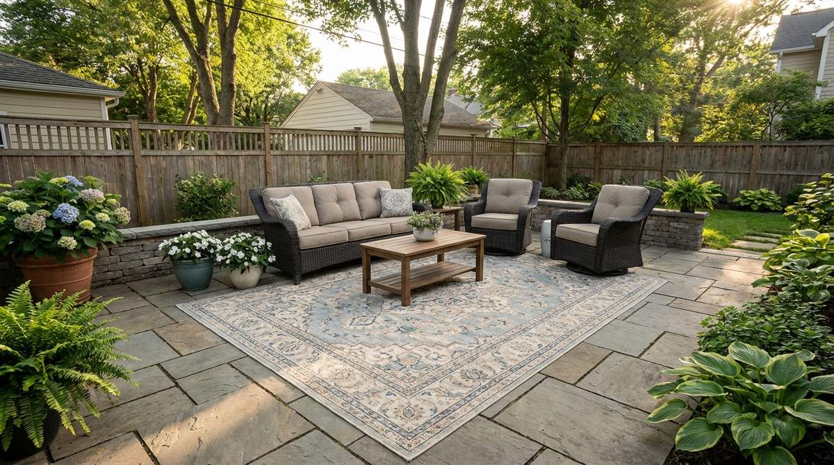 An outdoor rug placed under a furniture grouping on a paved surface, defining a cozy activity zone in a small garden. The rug extends beyond the furniture footprint to ensure safety and visual unity, illustrating a flexible, seasonal design approach.