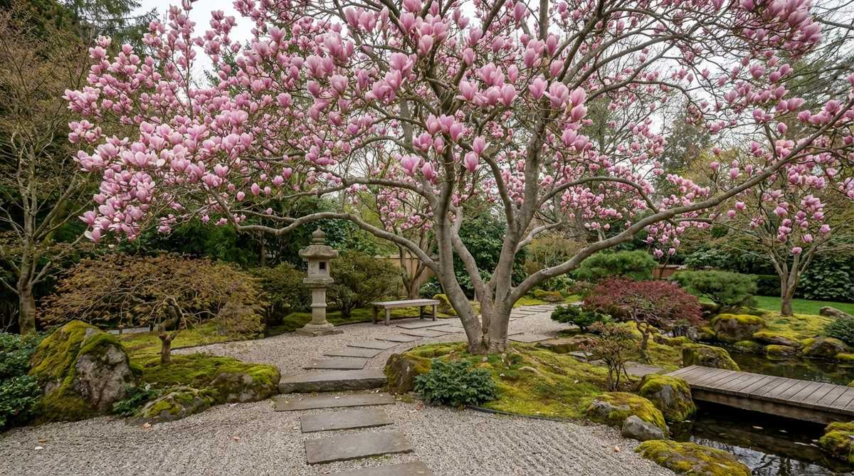 A Saucer Magnolia tree (Magnolia x soulangeana) with large pink goblet-shaped flowers blooming in a Japanese garden setting. The tree shows its characteristic spreading branches and smooth gray bark, with dramatic 5-10 inch flowers creating a bold spring display before foliage appears.