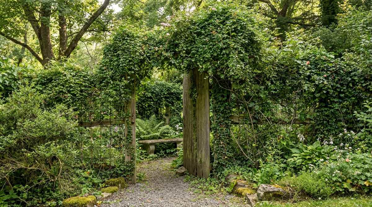 A miniature secret garden with an overgrown aesthetic, featuring plants climbing over a rustic gate entrance and a hidden bench visible through the foliage. This mysterious and romantic design references literary classics, using small-leaved ivy or creeping fig trained over wire structures to create a wild, less formal appearance that invites closer inspection.