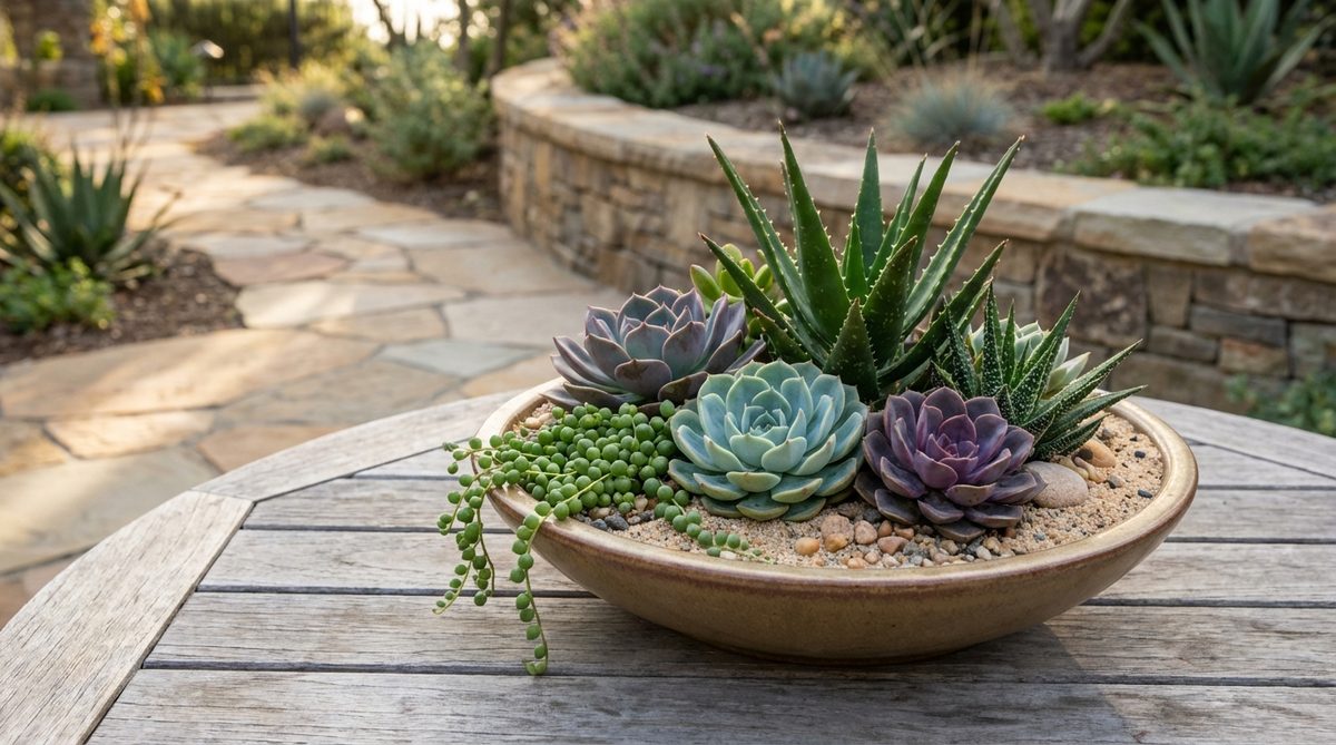 A shallow bowl succulent garden featuring a living art composition with multiple succulent varieties, including rosette-forming echeveria, trailing string of pearls, and upright aloe, arranged by contrasting colors and textures, topped with decorative gravel or sand for a desert aesthetic and to prevent soil splashing.