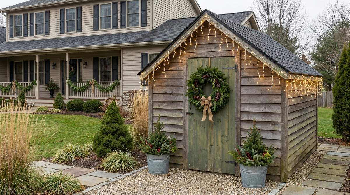A garden shed or outbuilding decorated with miniature displays, featuring a wreath on the door, string lights along the roofline, and small evergreen arrangements in buckets near the entrance. The decorations coordinate with the main house to create a unified design narrative across the property.