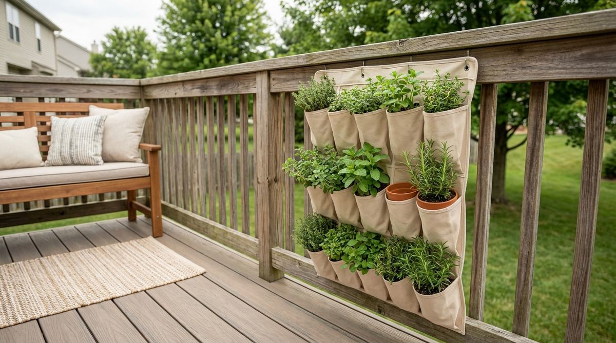 A creative balcony decor idea showing a fabric shoe organizer repurposed as a vertical garden with planting pockets filled with small herbs like thyme and oregano, ideal for renters and budget-friendly installations.