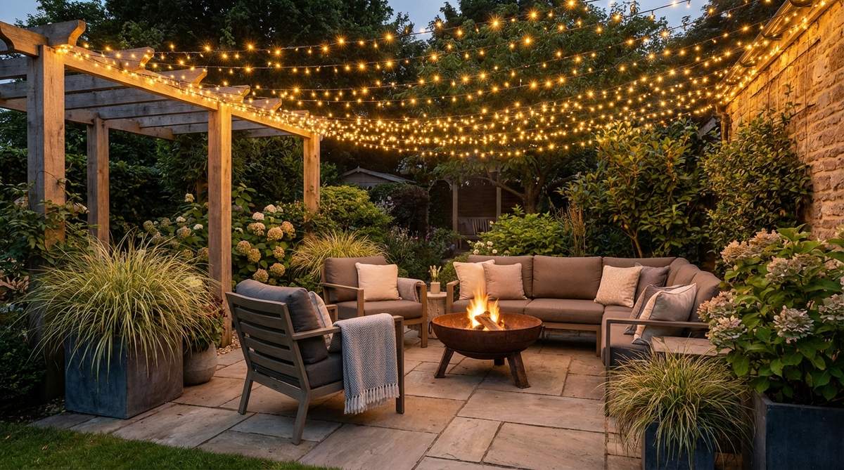 A cozy garden seating arrangement featuring a small side table styled with lanterns, small planters, and decorative objects, creating a functional and personalized vignette.