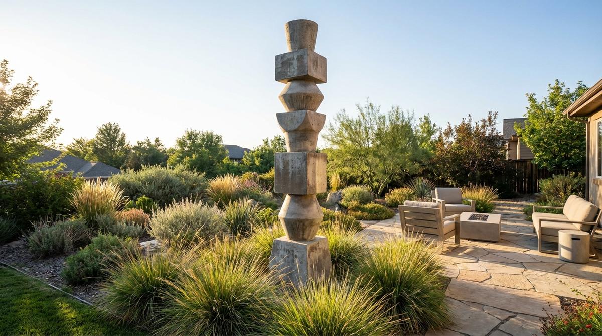 A modern garden sculpture featuring multiple concrete forms stacked vertically to create a totem-like structure, with varying shapes and sizes adding visual complexity. The elements are securely assembled using internal rebar or adhesive, and can be left to weather naturally or sealed for a consistent appearance, ideal for contemporary outdoor spaces.