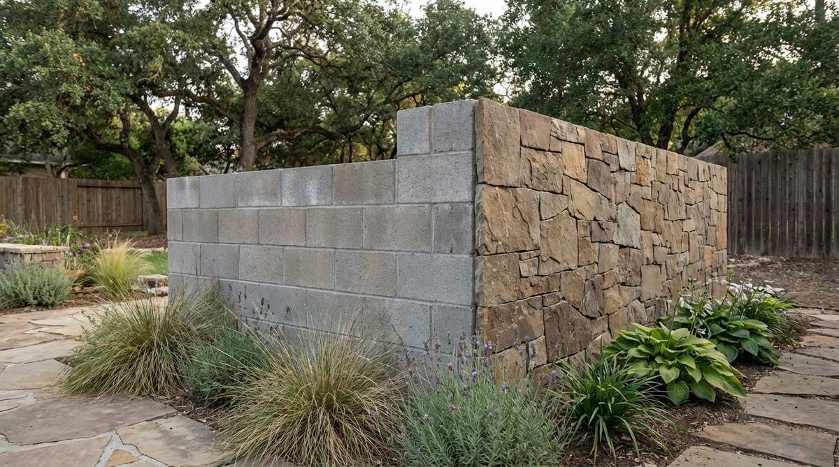 A garden wall constructed with a combination of stone and concrete blocks, showing the concrete block core faced with stone veneer on the visible exterior side, illustrating a cost-effective hybrid building method for large projects.