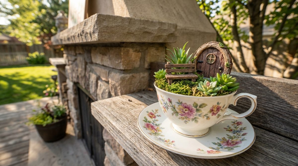 A charming miniature fairy garden created in a vintage teacup and saucer, featuring preserved moss, artificial plants, and a focal accessory like a fairy door or tiny bench, ideal for indoor display on shelves or mantels.