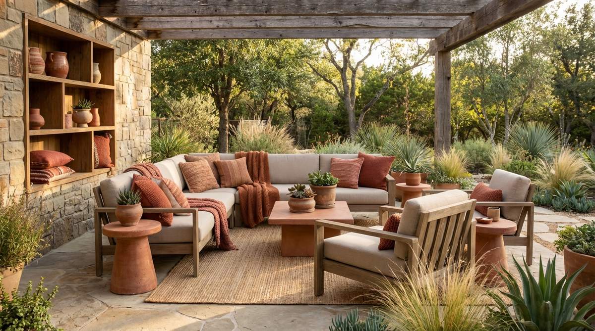 A modern boho decor scene featuring warm terracotta, rust, and burnt orange accent colors through pillows, throws, and small furniture, adding earthy warmth to neutral bases with cohesive repetition in multiple locations like sofas, shelves, and chairs.