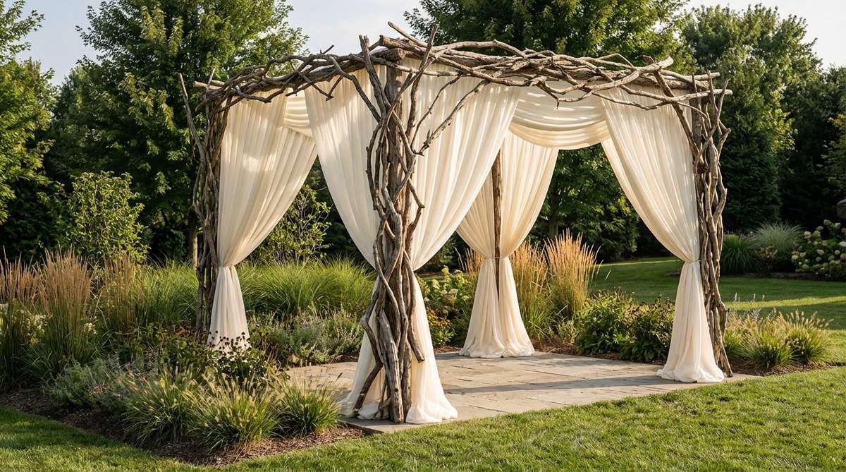 A modern garden wedding decor piece featuring raw tree branches intricately woven with silky fabric drapes, creating an artistic contrast between natural and refined materials. This mixed-media installation is ideal for arbors, backdrops, or hanging setups, adding contemporary sophistication and visual interest through the interplay of organic and soft elements.