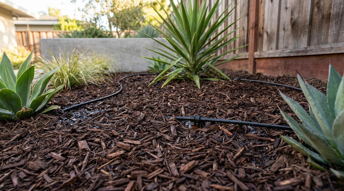 A close-up view of a modern drip irrigation system installed in a mid-century modern garden, showing efficient water delivery to drought-tolerant plants with concealed lines under mulch.