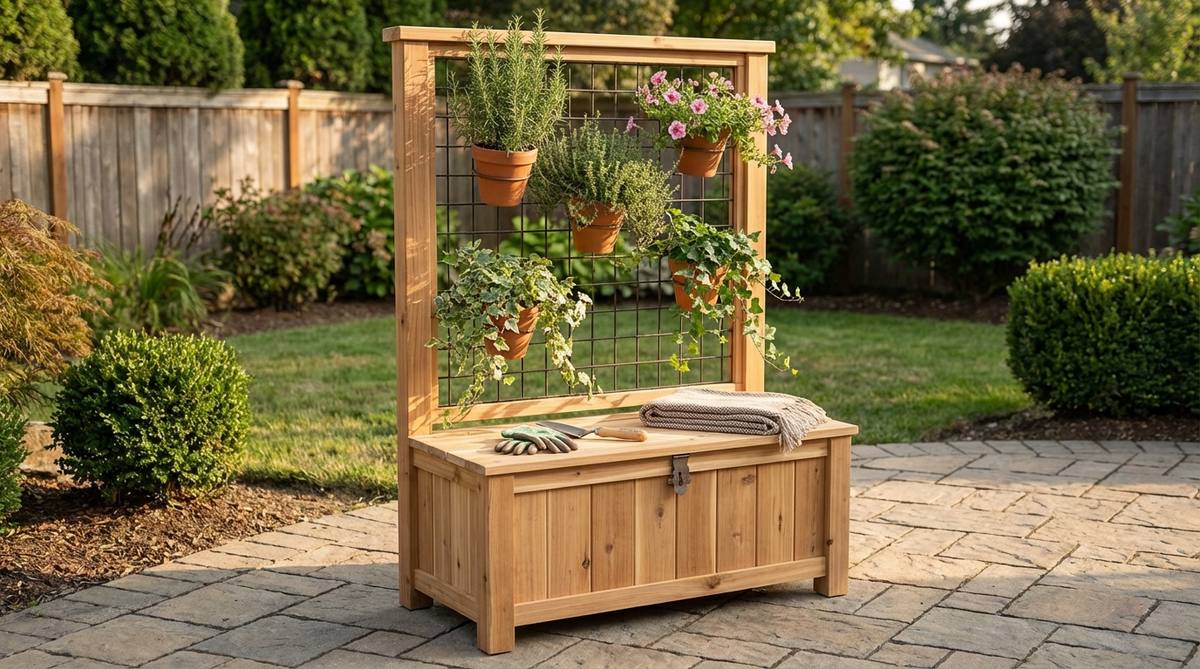 A freestanding outdoor decor unit combining a storage bench base with a vertical planter grid, providing seating, storage, and greenery in a compact 4-square-foot footprint. Perfect for small patios to maximize space with cascading herbs and flowers.
