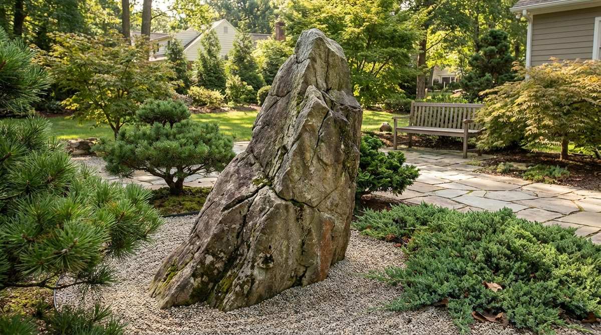 A tall upright stone symbolizing mountain peaks in a Japanese Zen garden, set deep into the ground with a weathered top suggesting wind erosion. The vertical axis tilts slightly for a naturalistic appearance, creating a dramatic focal point and establishing compositional hierarchy.