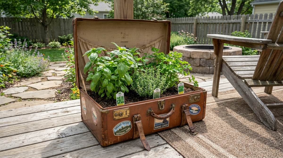 An old leather suitcase transformed into a portable herb garden with basil, thyme, and parsley planted inside. The vintage suitcase sits on a balcony or patio, creating a travel-themed garden decor piece with practical culinary use.