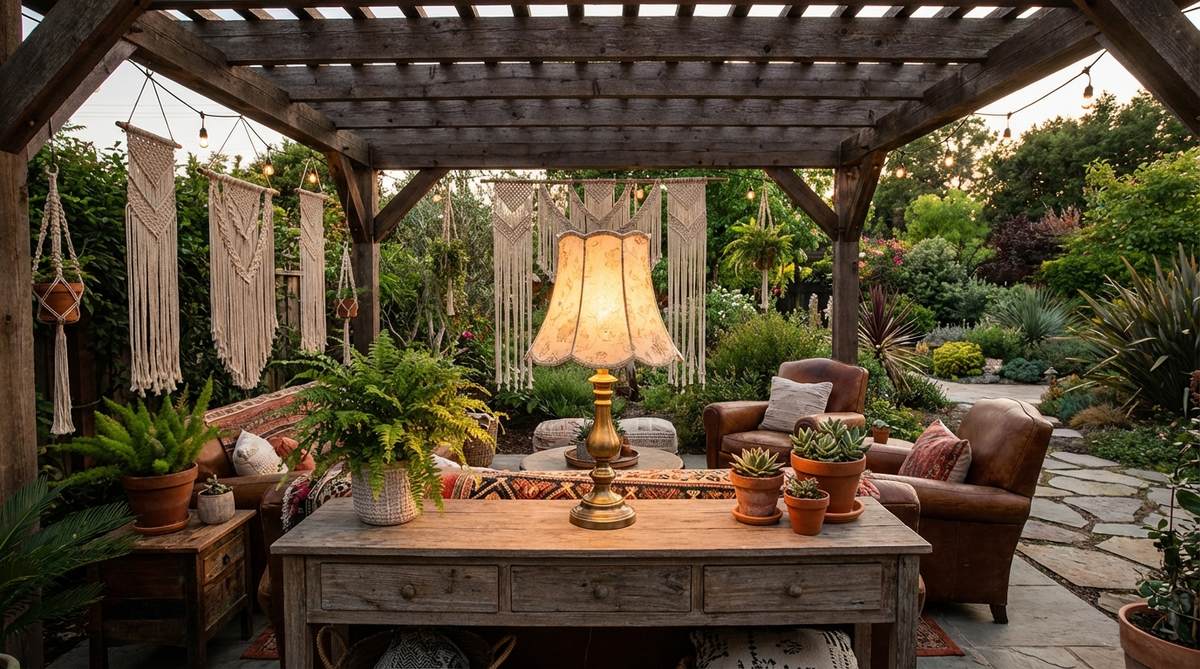 A vintage table lamp repurposed for outdoor use, featuring a brass, ceramic, or wood base with weathered character and bohemian flair, placed under a pergola or covered patio to create intimate lighting in a boho garden setting.