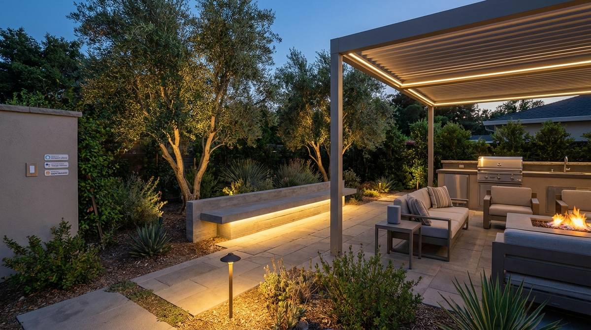 A modern garden with architectural lighting controlled through voice assistant integration, showing compatibility with Amazon Alexa, Google Assistant, and Apple HomeKit platforms for voice-activated lighting scenes and smart home routines.