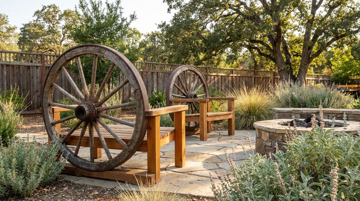 Vintage wagon wheels used as chair backs or arm supports, adding authentic western rustic character with spoke patterns and weathered wood rims for aged texture.