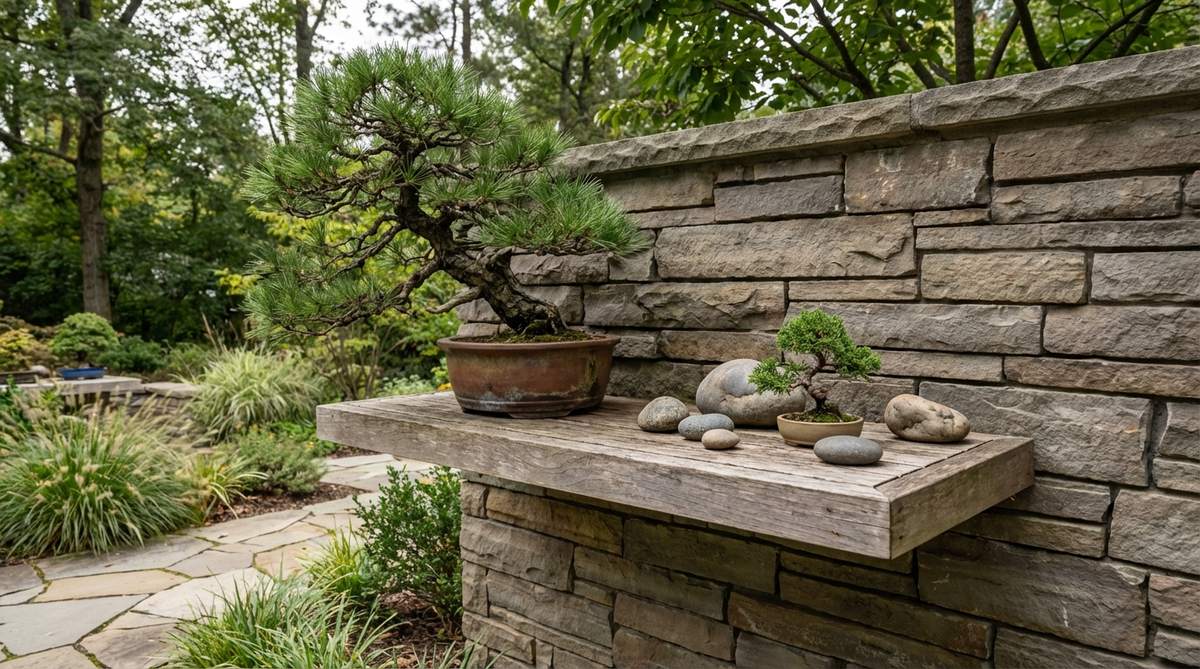 A long floating shelf features a large bonsai, such as a Japanese Black Pine, positioned off-center to the left, balanced by smaller accent elements like viewing stones and a small accent bonsai on the right. This arrangement demonstrates dynamic visual equilibrium and asymmetry, creating tension and interest while achieving harmony through unequal distribution, mirroring natural landscape composition techniques in zen garden bonsai displays.
