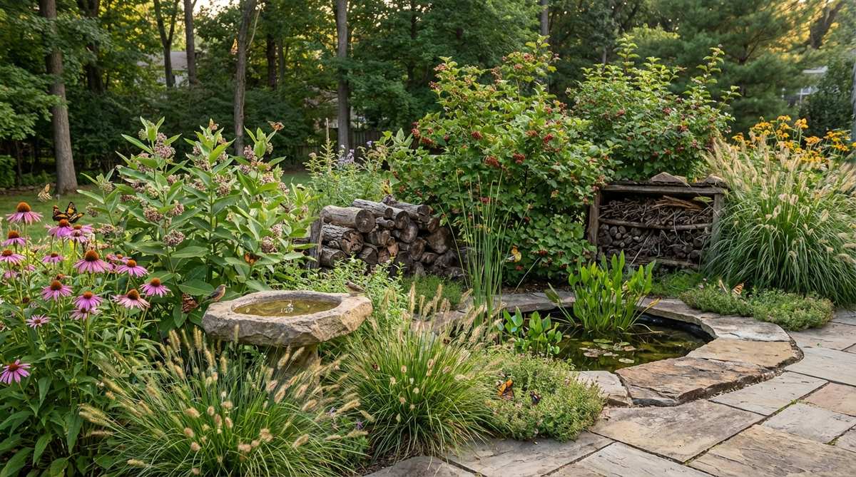A terrace garden designed as a wildlife habitat sanctuary, featuring layered plantings with berries, seed heads, and nectar sources to attract birds, butterflies, and beneficial insects. Includes water sources and shelter elements, using regionally native plants to support local fauna and promote biodiversity without pesticides.