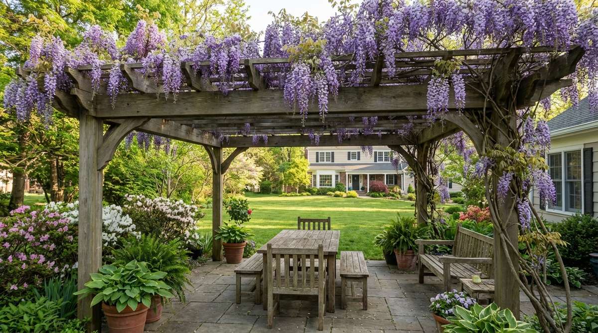 Mature wisteria vines cascade over pergola beams, creating fragrant purple waterfalls with pendulous racemes hanging 12 to 18 inches below horizontal supports in mid-spring outdoor decor.