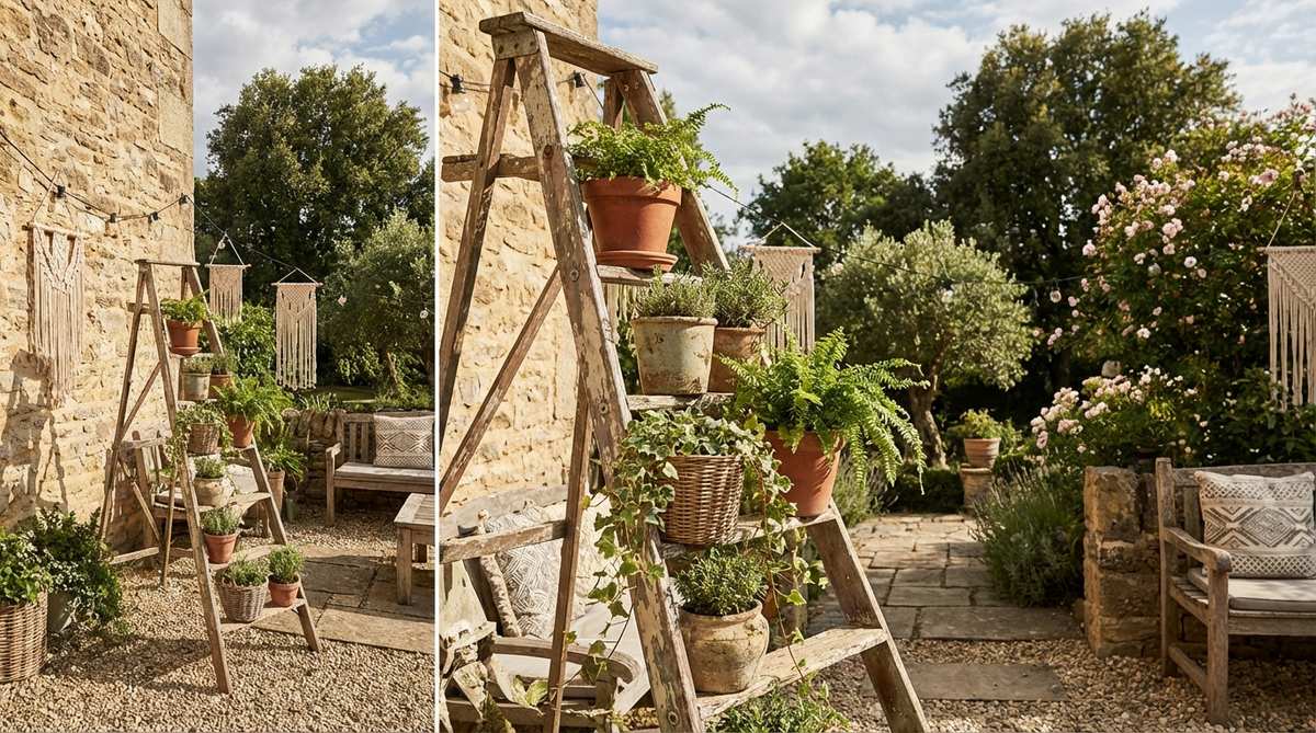 A vintage wooden ladder repurposed as a leaning plant shelf with potted plants arranged at graduated heights, creating vertical interest and dynamic visual lines in a boho garden setting.