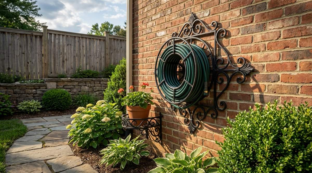A decorative wrought iron hose holder mounted on a garden wall, featuring ornamental scrollwork that matches other metal garden decor. This functional wall-mounted reel keeps garden hoses neatly organized while adding elegant detail to outdoor spaces.