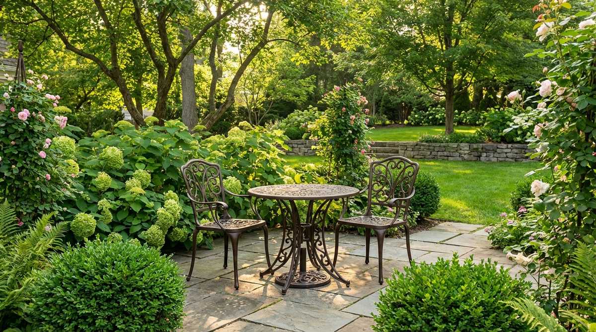 A traditional wrought iron bistro set featuring ornamental scrollwork, ideal for small gardens. It offers classical European aesthetics with dark finishes like black, bronze, or verdigris green, providing visual contrast against greenery and helping small spaces feel less crowded. The substantial weight ensures stability in windy conditions, and rust-resistant finishes are recommended for durability in humid or rainy climates.