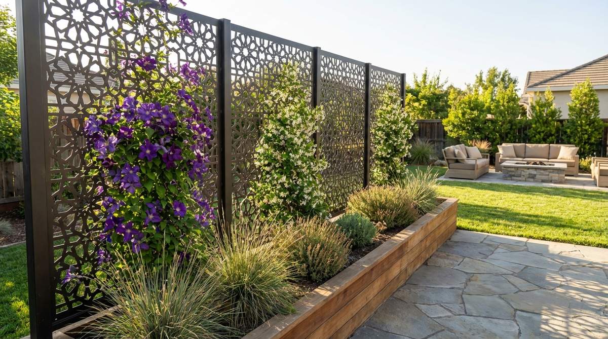 Laser-cut metal or wood trellis panels with geometric patterns creating privacy and supporting climbing plants like Clematis and Star Jasmine in a contemporary garden setting.