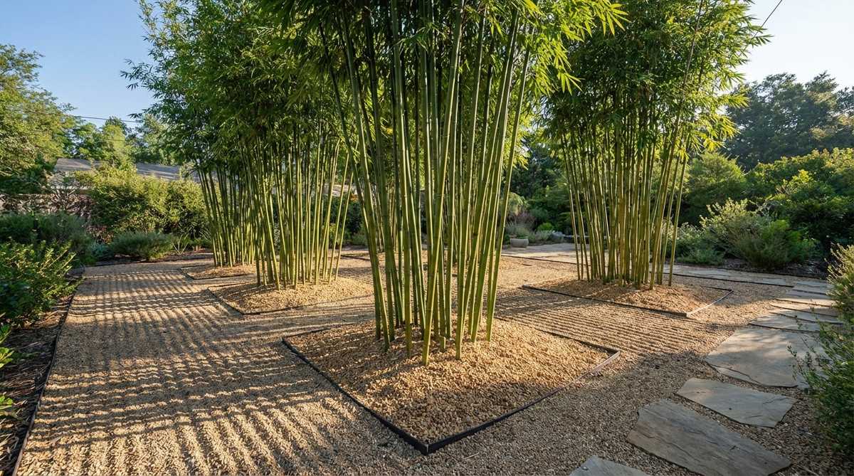 A gravel garden featuring clumping bamboo varieties planted through gravel, creating vertical elements with Asian character. The upright culms cast elegant shadows across horizontal gravel planes, with root barriers installed to prevent underground spread and gravel mulch applied 3 inches deep around bamboo clumps.