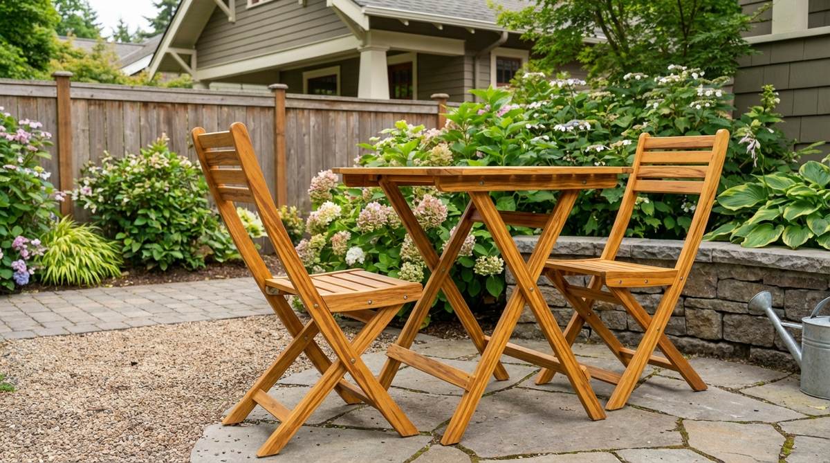Sustainable bamboo folding table and chairs set for small gardens, featuring natural water resistance, lightweight portability, and distinctive grain patterns with warm honey tones.