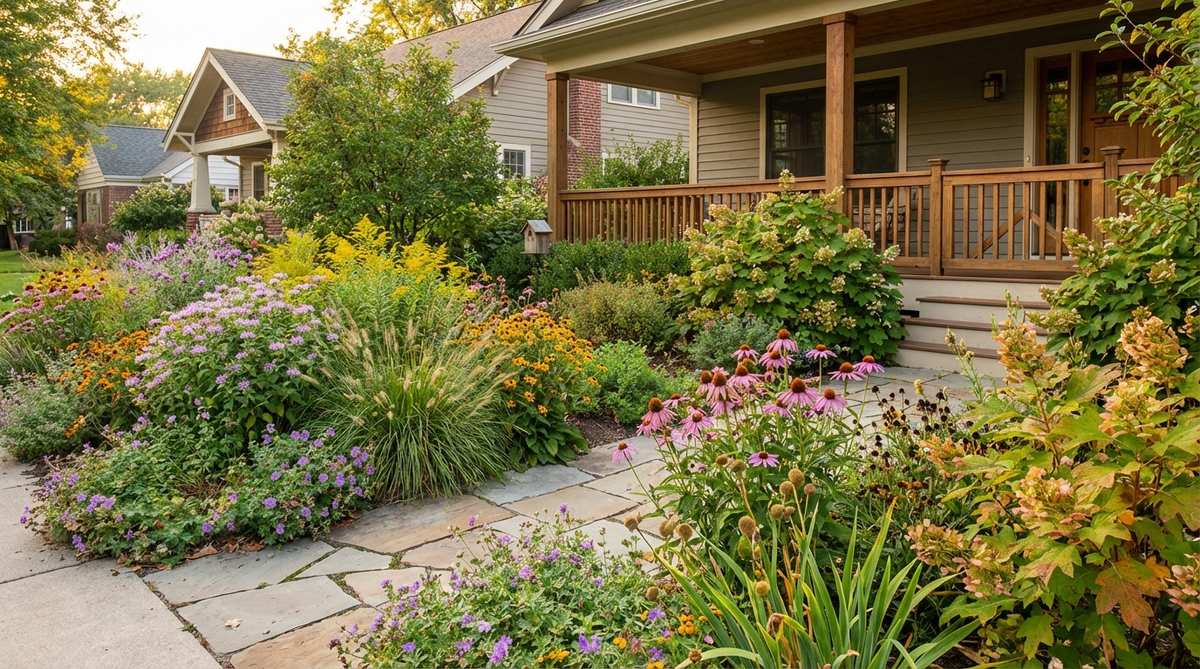 A vibrant front yard garden featuring 15-25 different native plant species arranged in ecological groupings. The diverse mix includes varying heights, bloom times, and textures that create habitat complexity for insects, birds, and small mammals. Seasonal changes provide continuous visual interest while supporting local ecosystems.