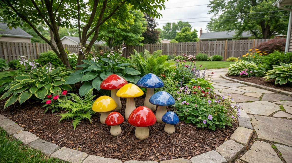 A collection of vintage 1950s ceramic mushroom garden stakes in bright red, yellow, and blue colors with glossy glazes. These whimsical garden decorations feature rounded forms that create beautiful contrast with surrounding plants in garden beds and borders.