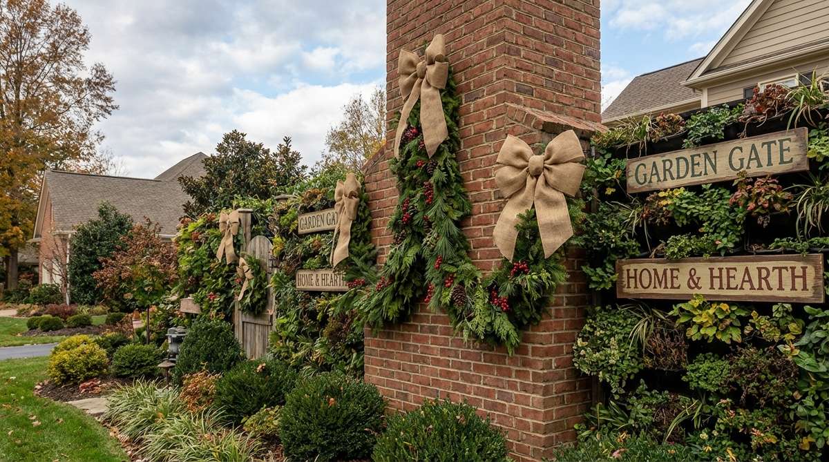 Professional installation of weather-resistant decorative elements on chimney stacks, including oversized bows, evergreen swags, and decorative signs, visible from street level as part of comprehensive vertical garden design integration.