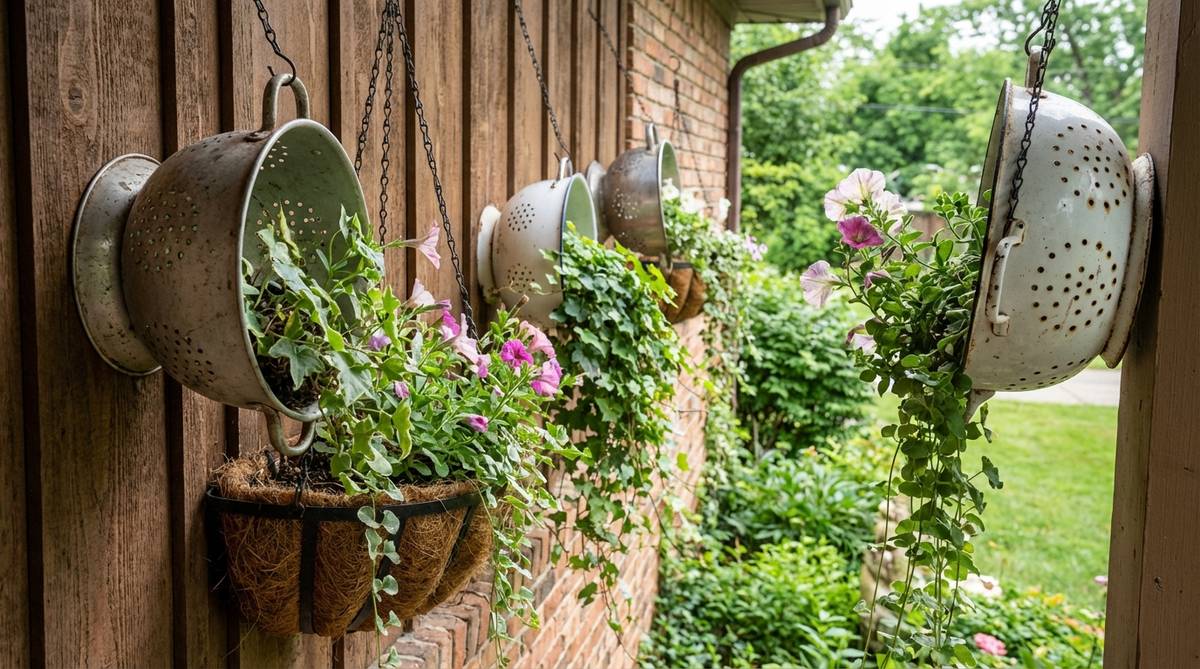 Vintage metal or enamel colanders repurposed as hanging planters with excellent drainage for balcony wall decor. Shows trailing flowers spilling through perforations with coco fiber lining and chain suspension.